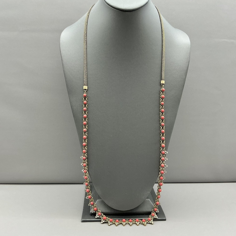 Ann Taylor Necklace Red Rhinestone Bib Gold Tone Womens Statement Jewelry 26"